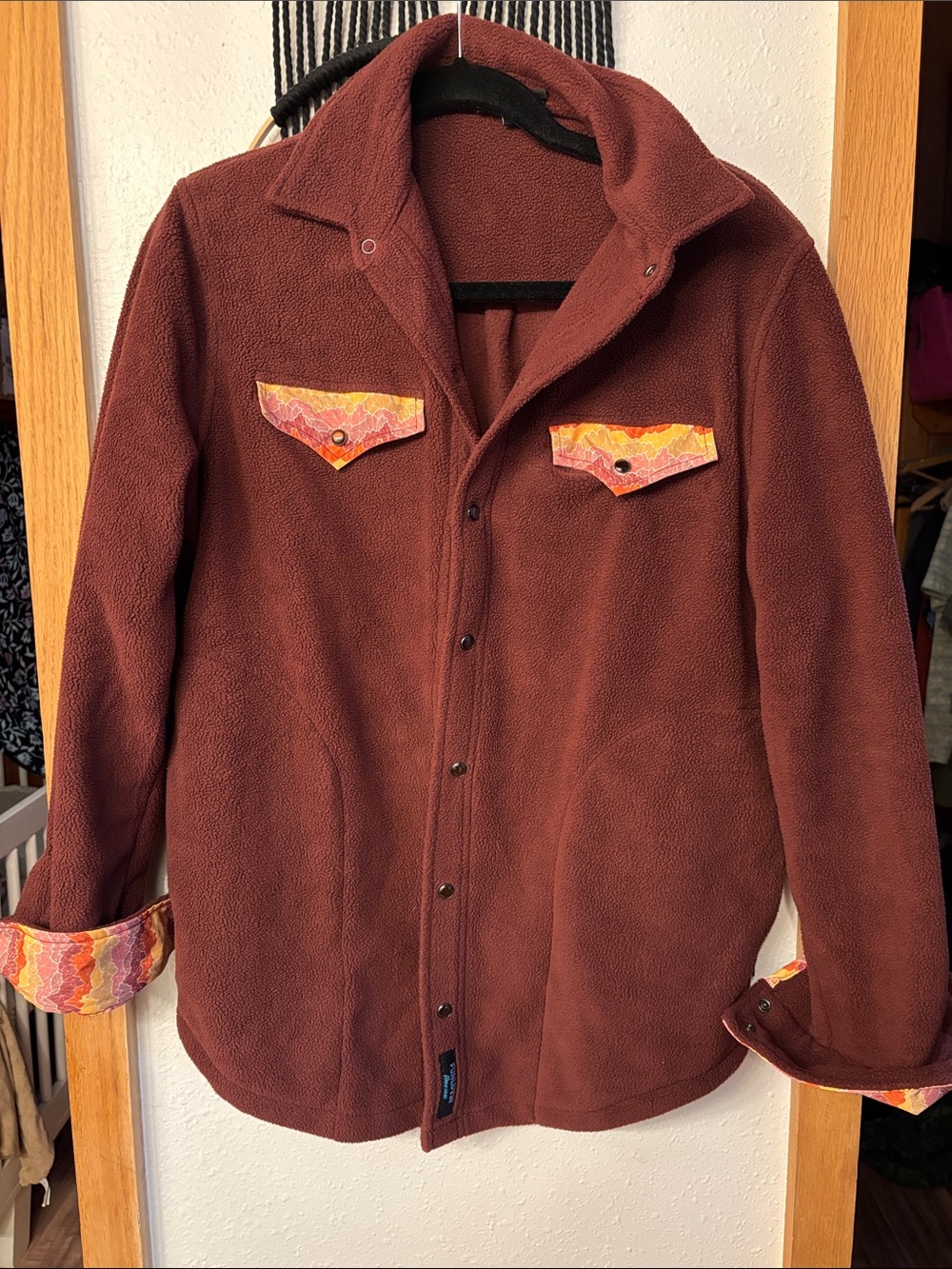 Rust Brown/red Fleece Shacket with Patterned Pocket Accents